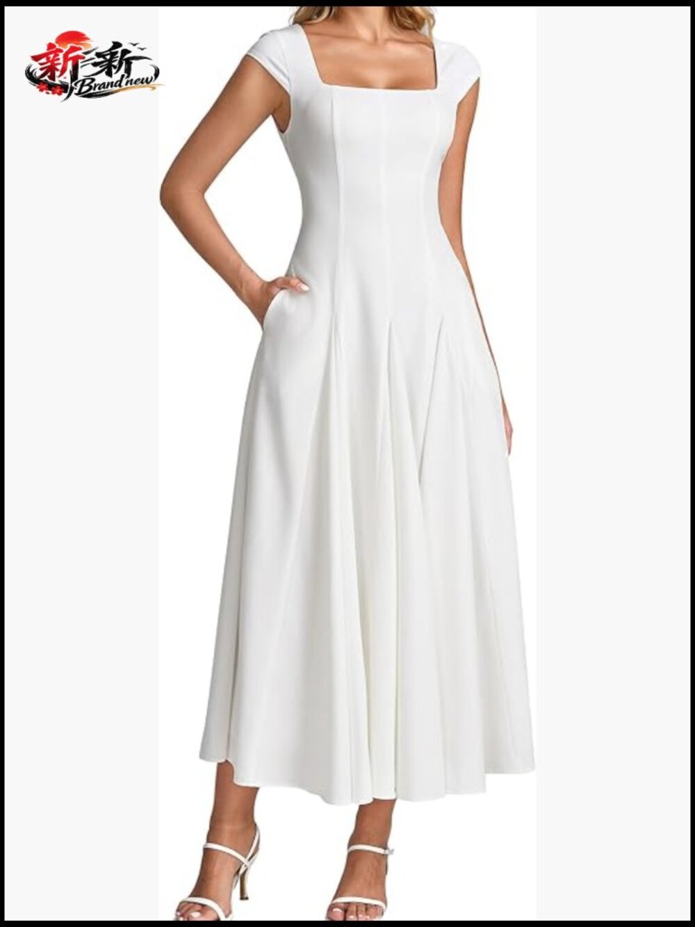 Corset Midi Square Neck Sleeveless A-Line Dress with Pockets